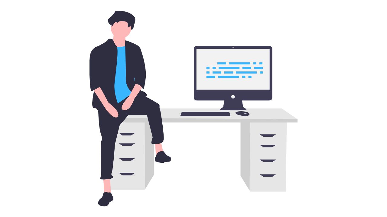 2d illustration of man sittting on a desk with a computer beside him